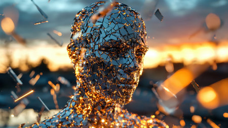 A striking reflective figure composed of broken mirror-like shards captures the warm hues of a sunset. Its intricate design merges art and technology, evoking a surreal atmosphere.の素材