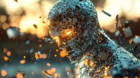 A humanoid figure composed of reflective shards appears to be breaking apart against a beautiful sunset backdrop. The scene captures an ethereal blend of light and colors.の素材
