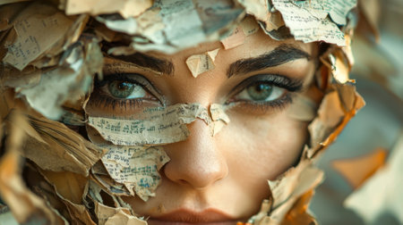 A woman with striking green eyes is surrounded by a collage of torn paper, blending art and emotion. The outdoor location adds natural light, enhancing the unique concept of the piece.の素材