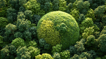 A vibrant spherical mound covered with lush greenery stands out amidst a thick forest. Sunlight filters through the leaves, creating a tranquil atmosphere in this natural setting.の素材