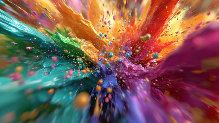 A dynamic array of bright colors erupts in a swirling motion, creating an energetic and captivating visual experience that draws the eye. The vivid hues blend and contrast harmoniously.の素材