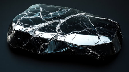 A polished black marble slab rests on a dark background, revealing intricate white veins that contrast beautifully against the glossy surface. The soft lighting highlights its elegance and depth.の素材