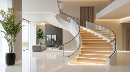 A spacious living area showcases a modern spiral staircase with elegant lighting. Large windows reveal lush greenery outside, enhancing the bright atmosphere created by minimalistic decor.の素材