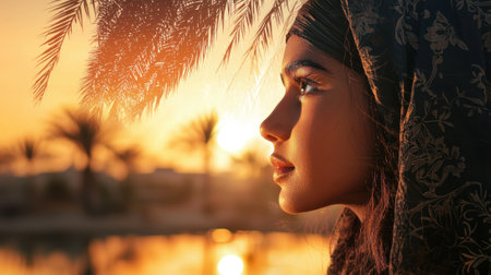A young woman dressed in traditional attire admires a stunning sunset by a tranquil palm oasis. Her profile captures the warm glow of twilight.の素材