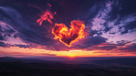 Warm hues fill the sky as the sun sets behind distant mountains, forming a heart shape in the clouds. The scene evokes feelings of love and tranquility at dusk.の素材