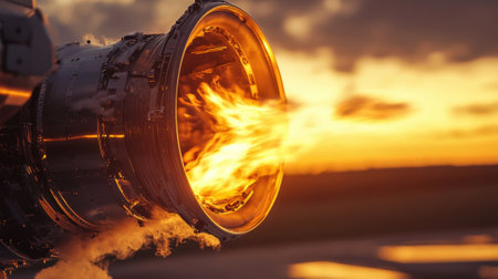 A jet engine burns brightly as it is ignited at sunset, with flames and smoke pouring out. The backdrop highlights the vibrant colors of the sky, emphasizing the dramatic moment.の素材