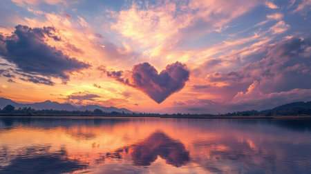 A vibrant sunset casts warm colors across a tranquil lake. A heart-shaped cloud floats above the horizon, creating a romantic atmosphere. Mountains outline the background.の素材
