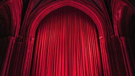 A rich red curtain is draped elegantly within a gothic cathedral, illuminated by soft lighting. It creates a sense of anticipation for an upcoming performance in a historic setting.の素材