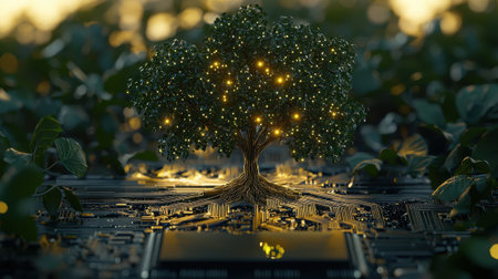 A vibrant tree with luminous roots is intertwined with a circuit board, symbolizing the connection between nature and technology, set against a backdrop of fields at sunset.の素材