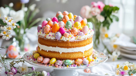 A vibrant cake topped with colorful candy eggs and flowers sits on a decorative plate. Surrounding the cake are spring blooms, adding a festive touch to the celebration.の素材