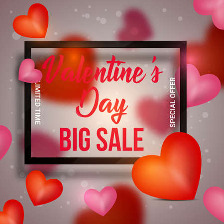 Valentine's Day background with 3d hearts on red. Vector illustration. Cute love banner or greeting card. Place for textのイラスト素材