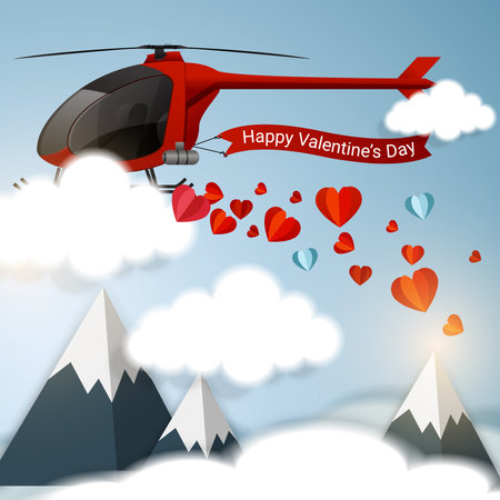 Valentine's Day background with 3d hearts on red. Vector illustration. Cute love banner or greeting card. Place for textのイラスト素材