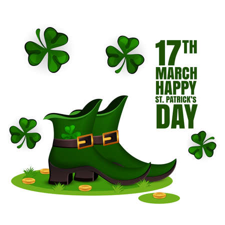 Saint Patrick's Day, Vector illustration brochure, holiday invitation, corporate celebration. shamrock, pot with gold coins, horseshoe, green ale on black background. Vector illustration.のイラスト素材