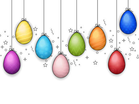 Easter poster and banner template with Easter eggs.Greetings and presents for Easter Day in flat lay styling. Promotion and shopping template for Easterのイラスト素材