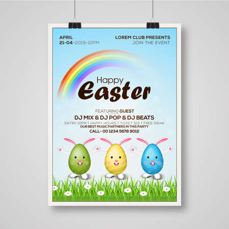 Happy Easter vector illustrations of bunnies, rabbits icons, decoratedのイラスト素材