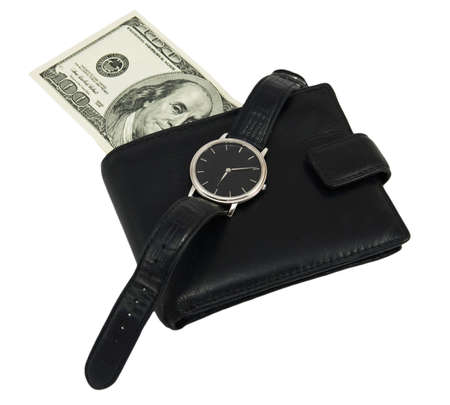 Watch, money and purse on white backgroundの写真素材