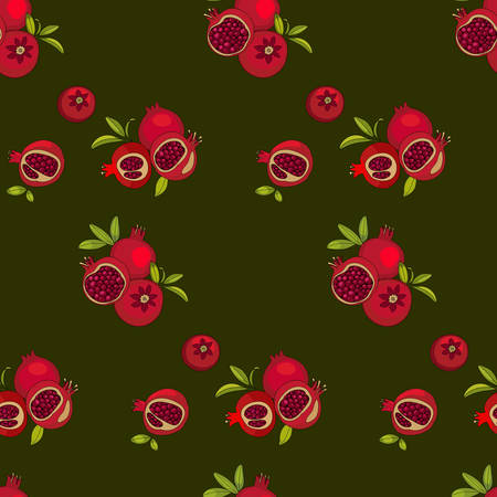 red pomegranate fruits, vector seamless pattern. Drawing for printing on fabrics, decor, backgrounds.のイラスト素材
