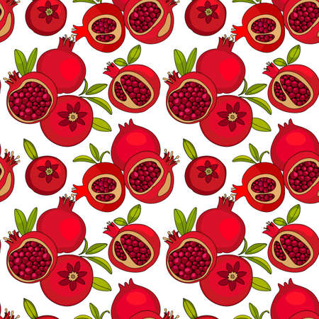 red pomegranate fruits, vector seamless pattern. Drawing for printing on fabrics, decor, backgrounds.のイラスト素材