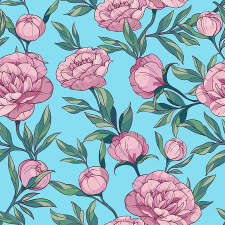 seamless floral vector pattern with pink peonies. flowers and buds with green leaves on a blue background. Hand drawing for decor fabric, textile, wallpaper, wrapping paperのイラスト素材