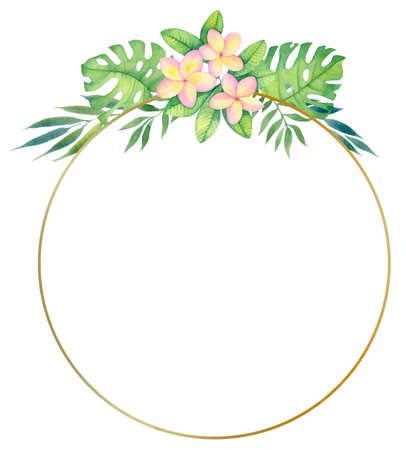 Golden round frame with tropical flowers and leaves. Watercolor illustration for invitations, holiday cards, design.の写真素材