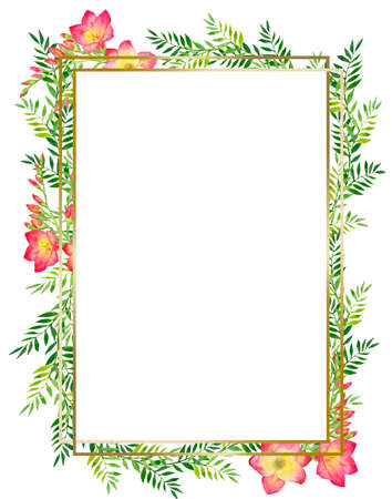 Watercolor illustration with green leaves and red freesia bouquet, branch with buds for greeting cards, invitations, and other printing projects. Hand-painted floral illustration.の写真素材