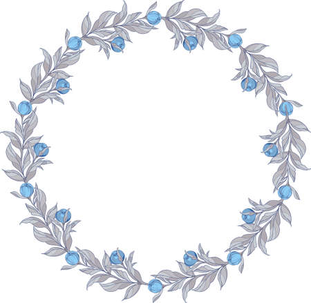 wreath with blue peonies flowers with gray leaves , vector illustrationのイラスト素材