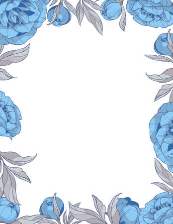 square frame with blue peonies flowers, Hand drawn vector illustrationのイラスト素材