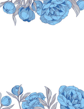 square frame with blue peonies flowers, Hand drawn vector illustration. flower designのイラスト素材