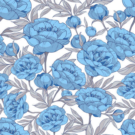 seamless pattern with blue peonies flowers, vector illustrationのイラスト素材