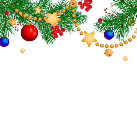 Christmas decoration, frame vector illustration. drawing of fir branches with balls and garlands, bells, candy canesのイラスト素材