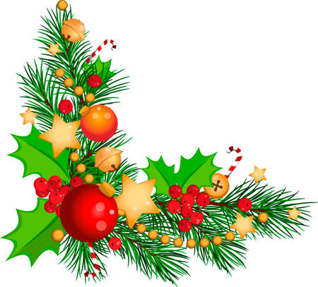 Christmas angle frame with fir branches, candy canes and golden garland, winter plants, pine branches. Xmas vector illustrationのイラスト素材