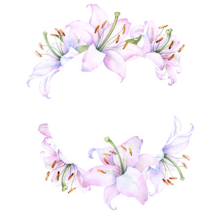 Round frame wreath with white lily flowers, watercolor illustration. Isolated on white. Ideal for decorating wedding invitations, albums, and postersのイラスト素材