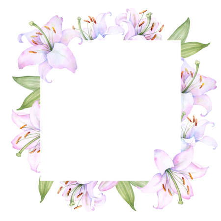 Square l frame with white and pink lily flowers, watercolor illustration, for decorating wedding invitations, albums, and postersのイラスト素材