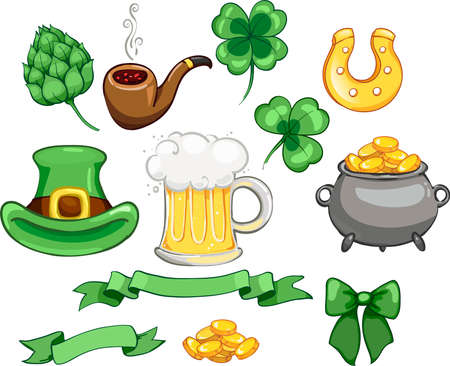 set of attributes for celebrating st patrick's day. Shamrock, beer, cauldron of coins, hopsのイラスト素材