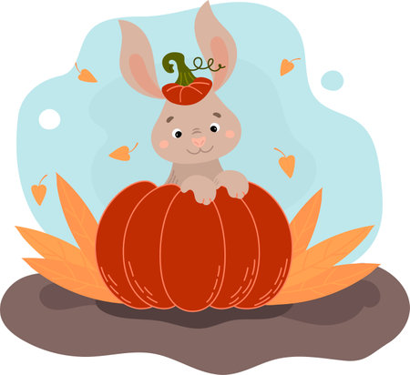 cute little bunny sitting in a pumpkin, Happy Halloween. Autumn poster vector illustrationのイラスト素材