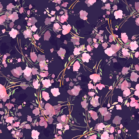 Pink cherry flowers on a dark purple background, sakura, seamless watercolor pattern. Romantic gentle design for packaging paper, wallpaper, websites, fabricsの写真素材