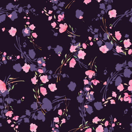 Pink cherry flowers on a dark purple background, sakura, seamless watercolor pattern. Romantic gentle design for packaging paper, wallpaper, websites, fabricsの写真素材