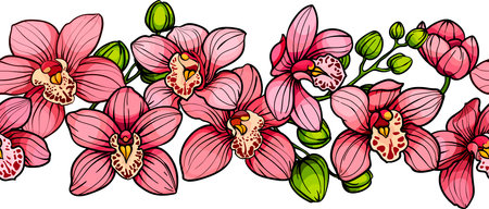 Horizontal border seamless pattern of pink orchid flowers, hand drawn sketch drawing. vector illustration for wedding eventのイラスト素材