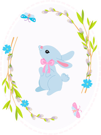 Easter card, cute blue bunny in a wreath of willow sprigs. greeting cardのイラスト素材