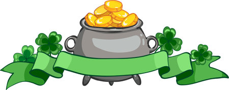Pot of gold coins and shamrock clover leaf. Saint Patricks Day illustrationのイラスト素材