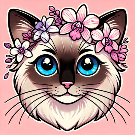 Portrait of a Siamese cat with a floral orchid wreath. Charming illustration for t-shirts, prints, or stationery.の写真素材
