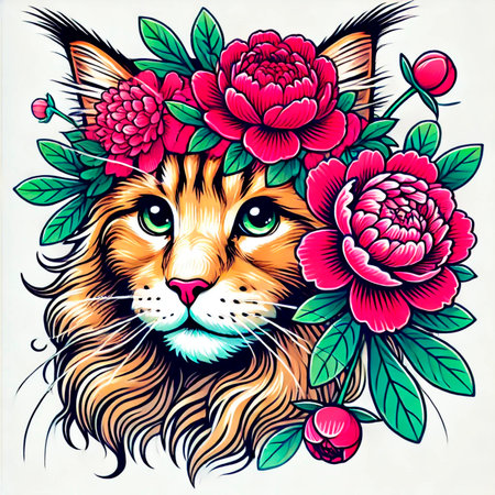Red Maine Coon cat in a wreath of red peonies, tattoo-style illustration. Perfect for t-shirts, posters, or art prints.の写真素材