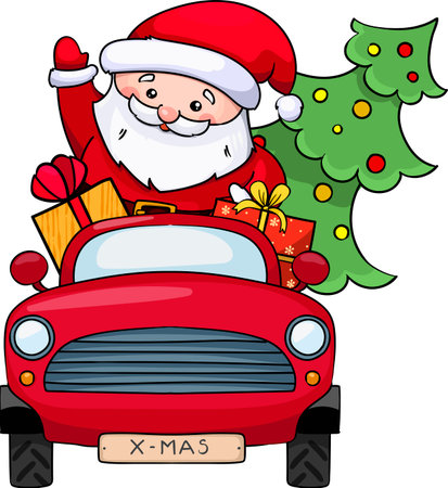 santa claus rides a red car with giftsのイラスト素材