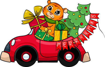 A cute little tiger drives a red car and carries a Christmas tree with gifts. New Year clipart.のイラスト素材