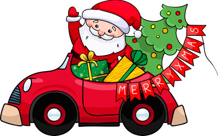 happy santa claus rides a red car with giftsのイラスト素材