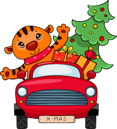 A cute little tiger drives a red car and carries a Christmas tree with gifts. New Year clipart.のイラスト素材