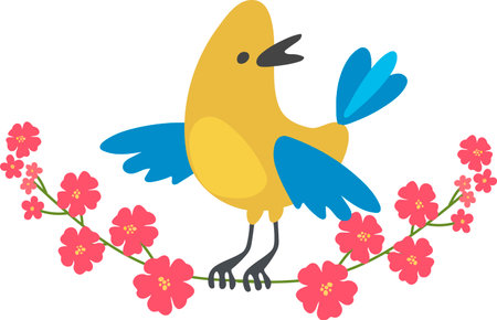 Yellow bird sits on a branch with red flowers farm printのイラスト素材