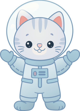 Adorable kawaii astronaut cat wearing a spacesuit, perfect for kids space themes, educational designs, posters, stickers, and cartoon projects. Soft pastel colors and friendly style ideal for children's illustrations.のイラスト素材