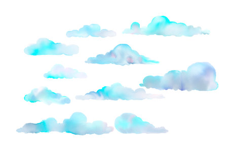 Pastel blue cartoon clouds isolated on white background. Hand drawn colorful watercolor illustration.のイラスト素材