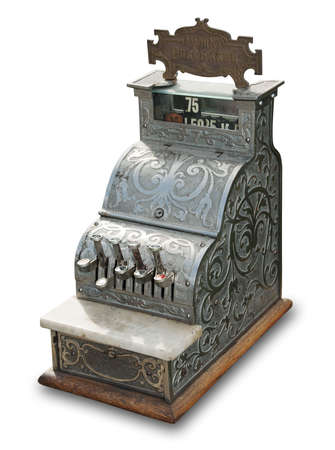 Antique cash register on white with clipping pathの写真素材
